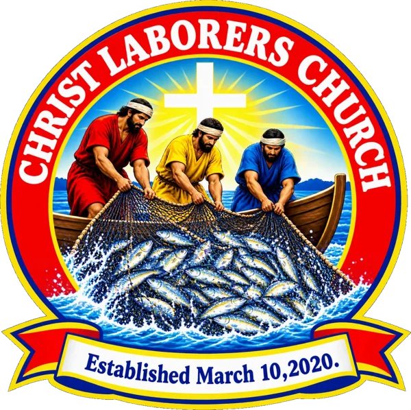 Christ Laborers Church emblem: three fishermen hauling a full net beneath a radiant cross